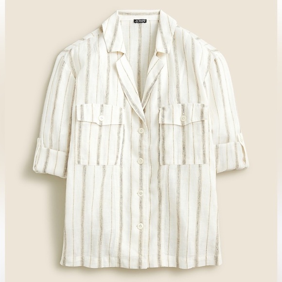 J. Crew Tops - J. Crew Cream Camp-collar Shirt In Stripe Featherweight Linen Blend Size 00